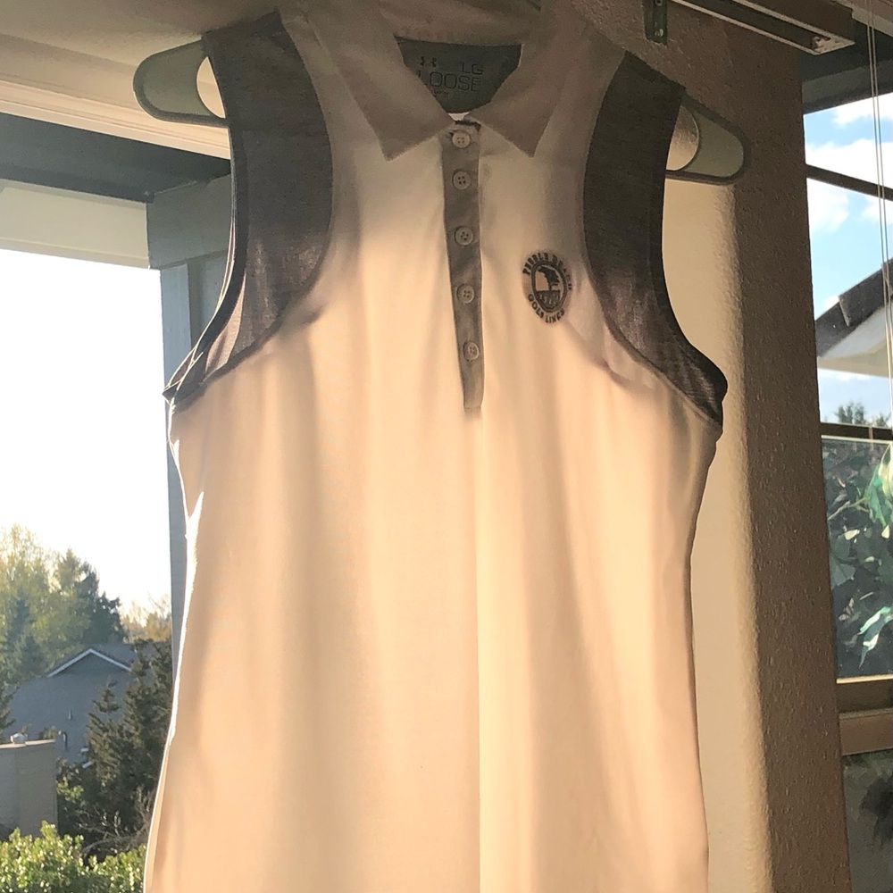 Pebble Beach Golf Links Sleeveless White Golf Polo with Gray Accents and Emblem - Picture 2 of 4